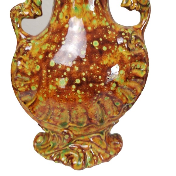 VTG Art Pottery Ewer Vase Brown Orange Green 1960-70s Pitcher Handled Hand Paint - Picture 11 of 12